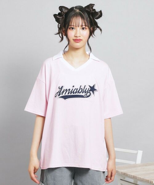 PINK-latte / ピンク ラテ カットソー | Vネック衿付きアップリケビッグTシャツ | 詳細1