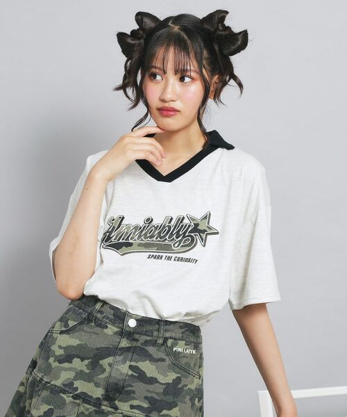 PINK-latte / ピンク ラテ カットソー | Vネック衿付きアップリケビッグTシャツ | 詳細11