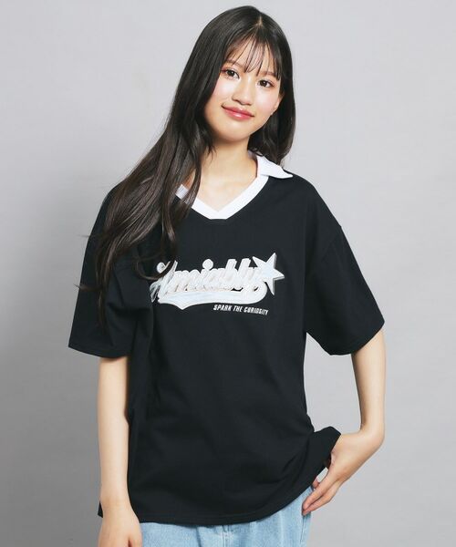 PINK-latte / ピンク ラテ カットソー | Vネック衿付きアップリケビッグTシャツ | 詳細15