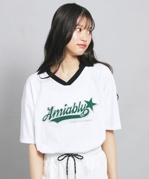 PINK-latte / ピンク ラテ カットソー | Vネック衿付きアップリケビッグTシャツ(オフホワイト(003))