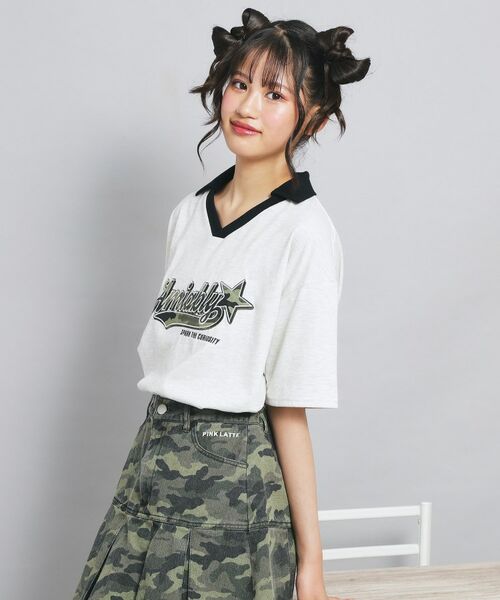 PINK-latte/ピンク ラテ 【接触冷感】Vネック衿付きアップリケビッグTシャツ ライトグレー(011) 13(130cm) PINK-latte/ピンク ラテ 【接触冷感】Vネック衿付きアップリケビッグTシャツ ライトグレー(011) 13(130cm)