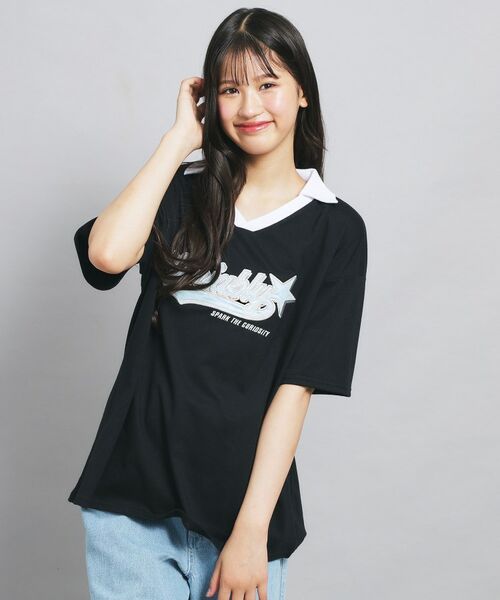 PINK-latte/ピンク ラテ 【接触冷感】Vネック衿付きアップリケビッグTシャツ ブラック(019) 16(160cm) PINK-latte/ピンク ラテ 【接触冷感】Vネック衿付きアップリケビッグTシャツ ブラック(019) 16(160cm)