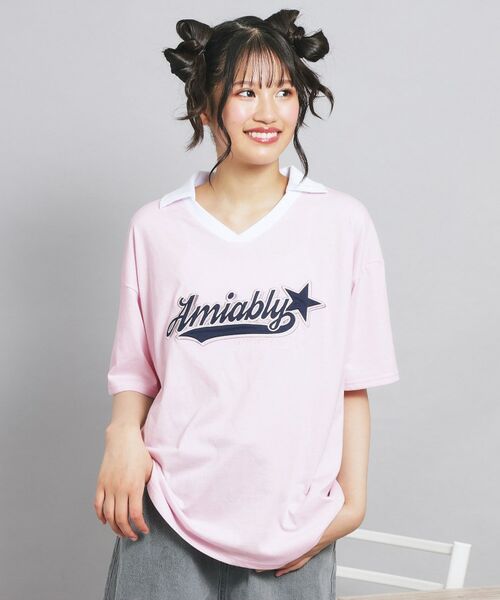 PINK-latte/ピンク ラテ 【接触冷感】Vネック衿付きアップリケビッグTシャツ ライトピンク(070) 16(160cm) PINK-latte/ピンク ラテ 【接触冷感】Vネック衿付きアップリケビッグTシャツ ライトピンク(070) 16(160cm)