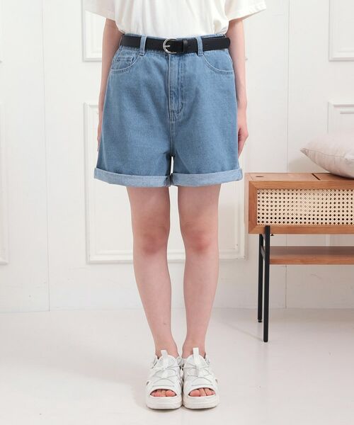 PINK-latte / ピンク ラテ ショート・ハーフ・半端丈パンツ | ベルト付きデニムショートパンツ | 詳細1