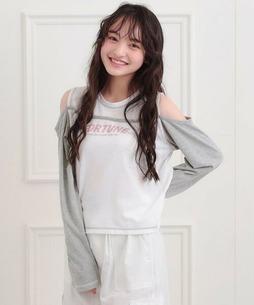 PINK-latte / ピンク ラテ カットソー | レイヤード風肩あきロンT(ライトグレー(011))