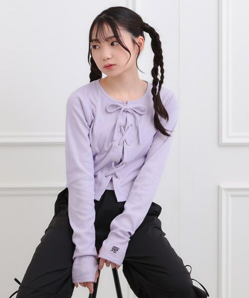 PINK-latte/ピンク ラテ レースアップテレコプルオーバー ラベンダー(080) 16(160cm) PINK-latte/ピンク ラテ レースアップテレコプルオーバー ラベンダー(080) 16(160cm)