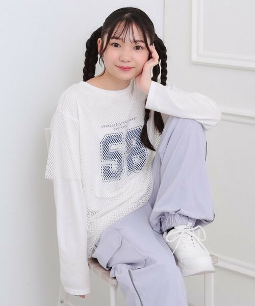 PINK-latte/ピンク ラテ メッシュレイヤード風ロングT オフホワイト(003) 15(150cm) PINK-latte/ピンク ラテ メッシュレイヤード風ロングT オフホワイト(003) 15(150cm)