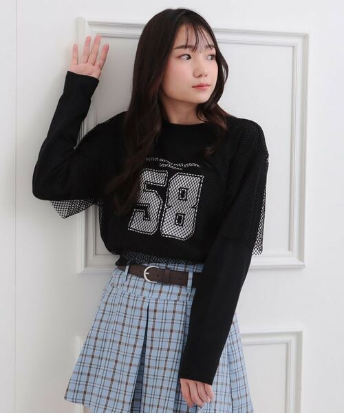 PINK-latte/ピンク ラテ メッシュレイヤード風ロングT ブラック(019) 16(160cm) PINK-latte/ピンク ラテ メッシュレイヤード風ロングT ブラック(019) 16(160cm)