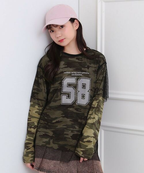 PINK-latte/ピンク ラテ メッシュレイヤード風ロングT カーキ(527) 16(160cm) PINK-latte/ピンク ラテ メッシュレイヤード風ロングT カーキ(527) 16(160cm)