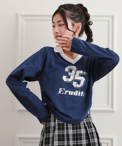 PINK-latte/ピンク ラテ 衿付き箔ナンバーロンT ネイビー(094) 14(140cm) PINK-latte/ピンク ラテ 衿付き箔ナンバーロンT ネイビー(094) 14(140cm)