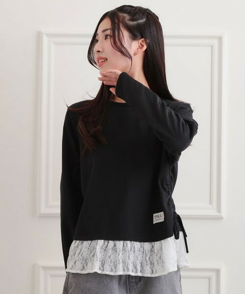 PINK-latte/ピンク ラテ 裾レース脇ドロストトップス ブラック(019) 15(150cm) PINK-latte/ピンク ラテ 裾レース脇ドロストトップス ブラック(019) 15(150cm)