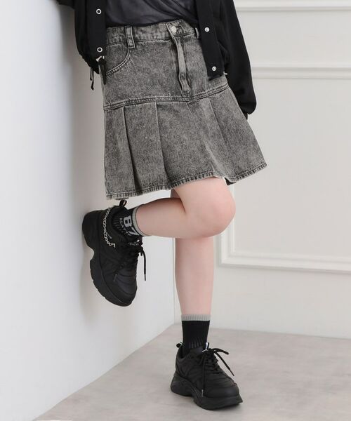 PINK-latte/ピンク ラテ デニム裾プリーツスカート ブラック(419) 14(140cm) PINK-latte/ピンク ラテ デニム裾プリーツスカート ブラック(419) 14(140cm)