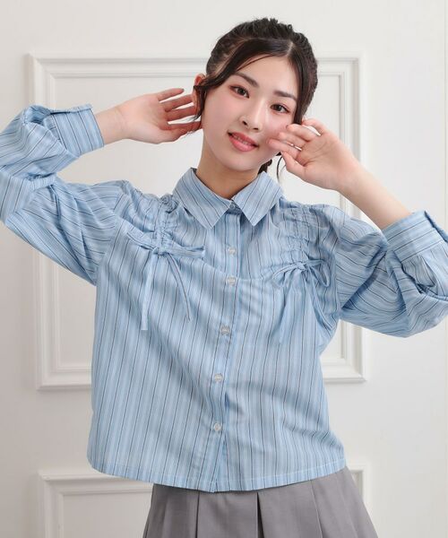 PINK-latte/ピンク ラテ ショルダードロストリボンシャツ サックスブルー(090) 15(150cm) PINK-latte/ピンク ラテ ショルダードロストリボンシャツ サックスブルー(090) 15(150cm)