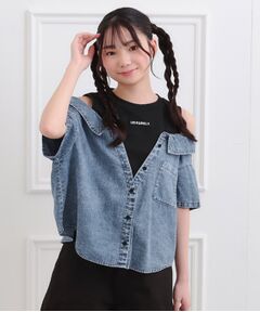 PINK-latte / ピンク ラテ カットソー | 肩あきデニムドッキングシャツ