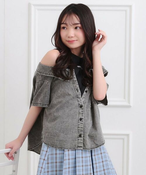 PINK-latte/ピンク ラテ 肩あきデニムドッキングシャツ ブラック(419) 14(140cm)