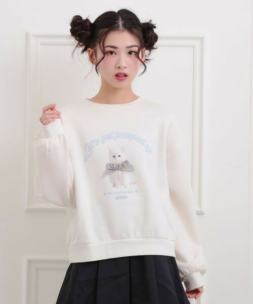 PINK-latte/ピンク ラテ ベロアリボンネコフォトトレーナー アイボリー(004) 15(150cm) PINK-latte/ピンク ラテ ベロアリボンネコフォトトレーナー アイボリー(004) 15(150cm)