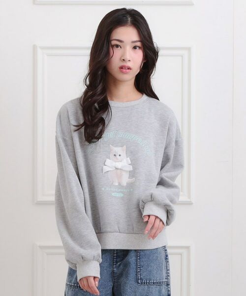 PINK-latte/ピンク ラテ ベロアリボンネコフォトトレーナー グレー(012) 14(140cm) PINK-latte/ピンク ラテ ベロアリボンネコフォトトレーナー グレー(012) 14(140cm)