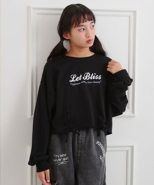 PINK-latte/ピンク ラテ レースアップ刺繍裏毛プルオーバー ブラック(019) 14(140cm) PINK-latte/ピンク ラテ レースアップ刺繍裏毛プルオーバー ブラック(019) 14(140cm)