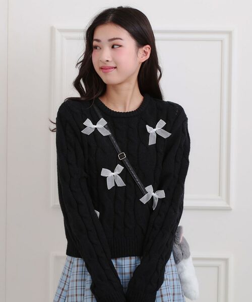 PINK-latte/ピンク ラテ リボン付ニットプルオーバー ブラック(019) 16(160cm) PINK-latte/ピンク ラテ リボン付ニットプルオーバー ブラック(019) 16(160cm)