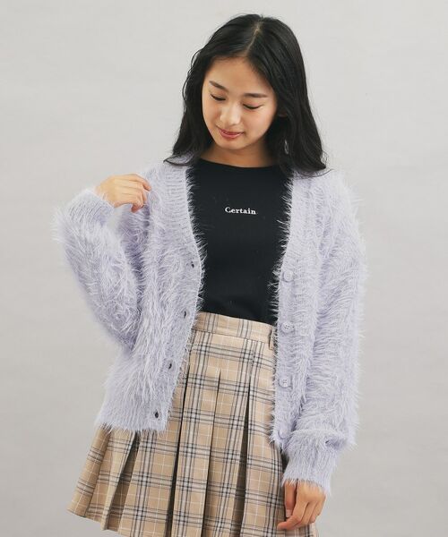 PINK-latte/ピンク ラテ ウォッシャブルロゴシャギーニットカーディガン パープル(081) 15(150cm) PINK-latte/ピンク ラテ ウォッシャブルロゴシャギーニットカーディガン パープル(081) 15(150cm)