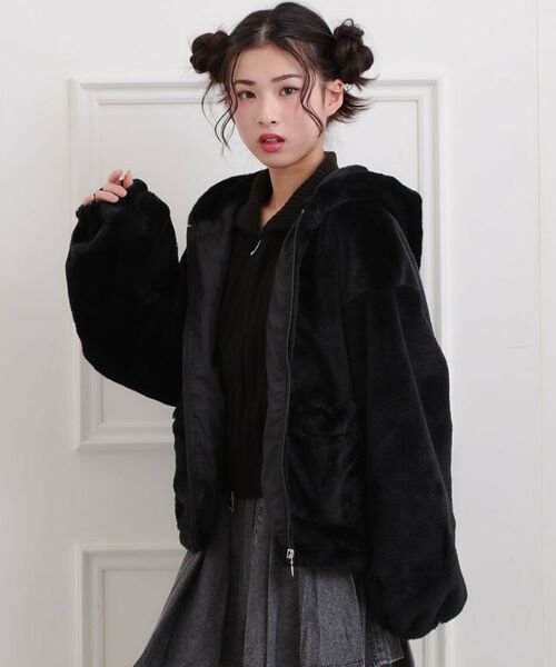 PINK-latte / ピンク ラテ レザーブルゾン・ジャケット | フード付きフェイクファーブルゾン | 詳細13