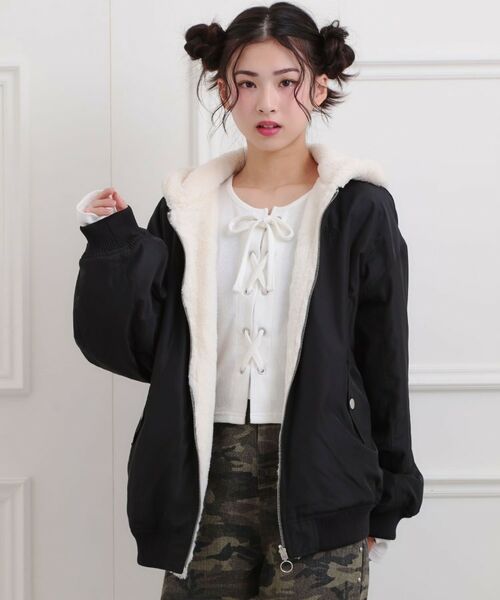 PINK-latte/ピンク ラテ リバーシブルフェイクファーブルゾン ブラック(019) 14(140cm) PINK-latte/ピンク ラテ リバーシブルフェイクファーブルゾン ブラック(019) 14(140cm)