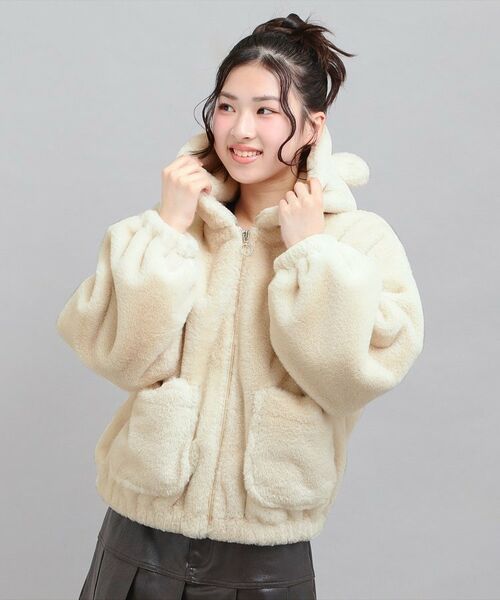 PINK-latte / ピンク ラテ レザーブルゾン・ジャケット | 耳付きフェイクファーブルゾン（アイボリー(004)）