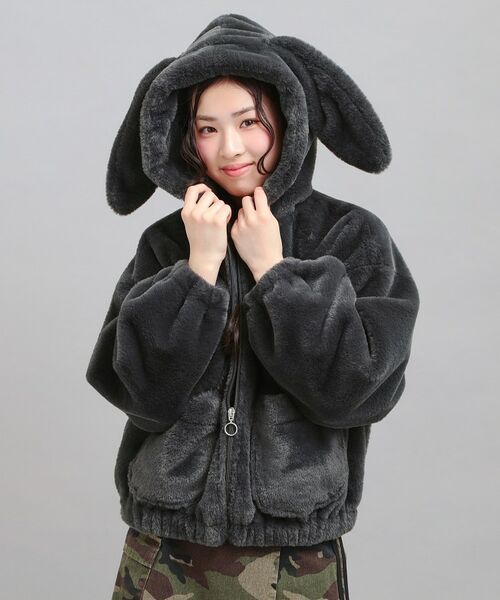 PINK-latte / ピンク ラテ レザーブルゾン・ジャケット | 耳付きフェイクファーブルゾン（チャコールグレー(014)）