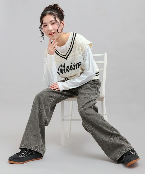 PINK-latte / ピンク ラテ デニムパンツ | フラワー柄デニムロングパンツ（ブラック(519)）