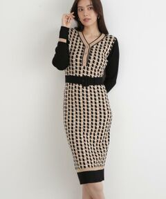 PINKY & DIANNE / ピンキーアンドダイアン ミニ丈・ひざ丈ワンピース | ◆ジオメトリックジャガードニットワンピース