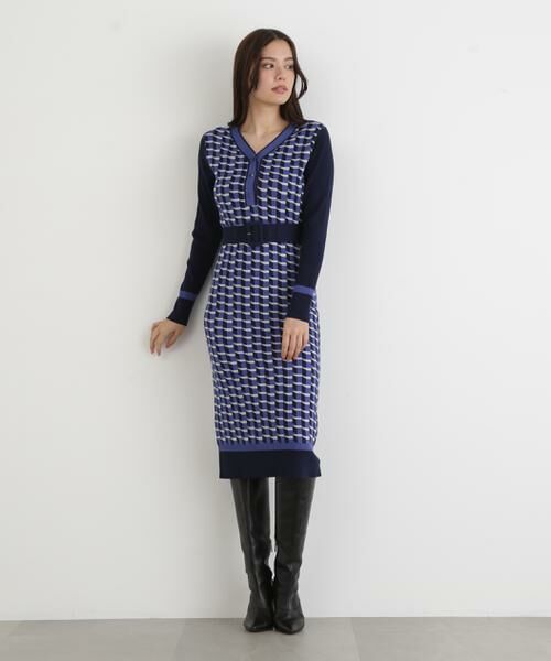 PINKY & DIANNE / ピンキーアンドダイアン ミニ丈・ひざ丈ワンピース | ◆ジオメトリックジャガードニットワンピース | 詳細4