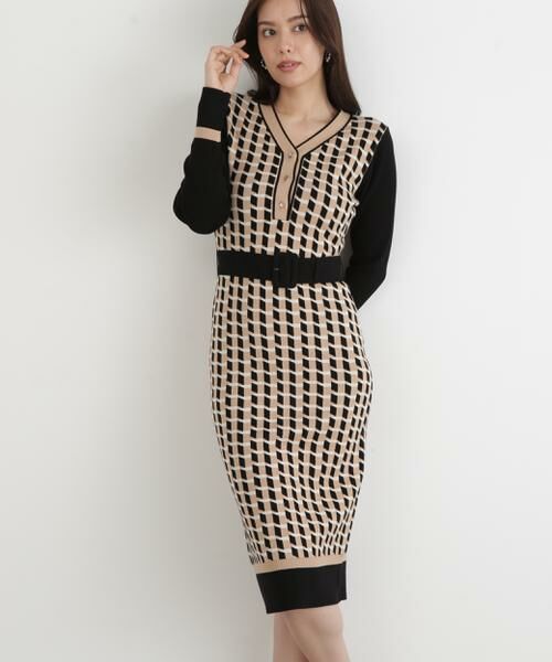 PINKY & DIANNE / ピンキーアンドダイアン ミニ丈・ひざ丈ワンピース | ◆ジオメトリックジャガードニットワンピース(ベージュ)