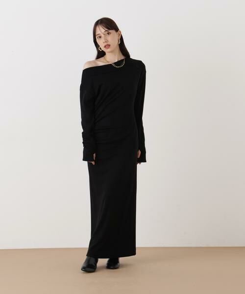 PINKY & DIANNE / ピンキーアンドダイアン ミニ丈・ひざ丈ワンピース | ◆ウールジャージタックドレープロングワンピース(ブラック)