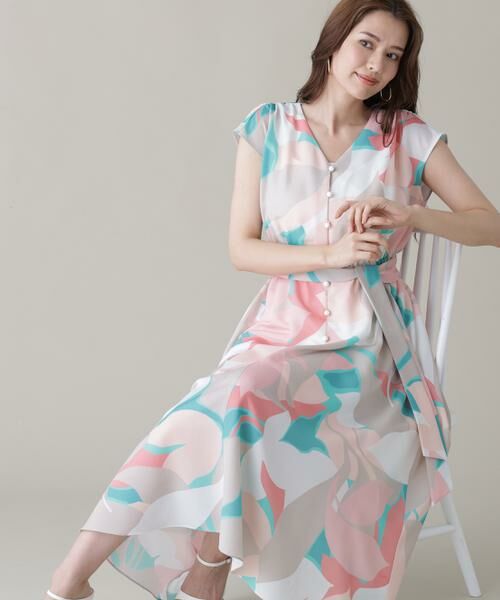 PINKY & DIANNE / ピンキーアンドダイアン ミニ丈・ひざ丈ワンピース | シェードリーフプリントギャザーワンピース（ピンク系1）