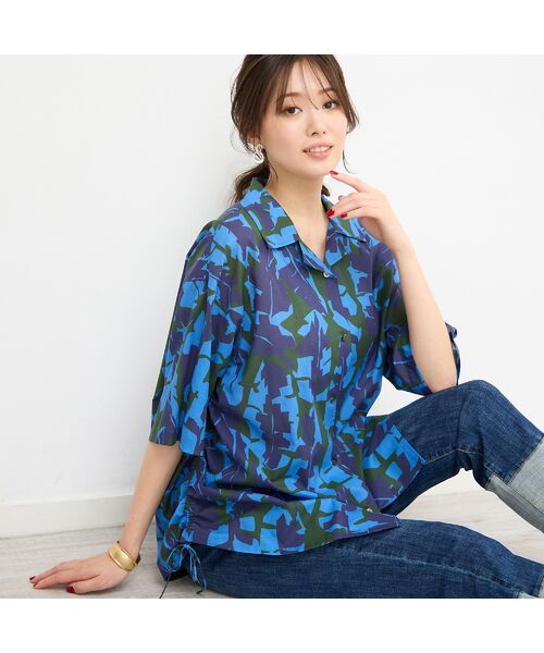 PISANO/ピサーノ 【手洗いOK・綿100%】幾何柄オープンカラーシャツ ブルー LL PISANO/ピサーノ 【手洗いOK・綿100%】幾何柄オープンカラーシャツ ブルー LL