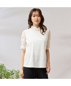 PISANO / ピサーノ 【手洗いOK・リバティコラボ】クルーネックベア天カットソー オレンジ×ベージュスクエアモチーフロングネックレス