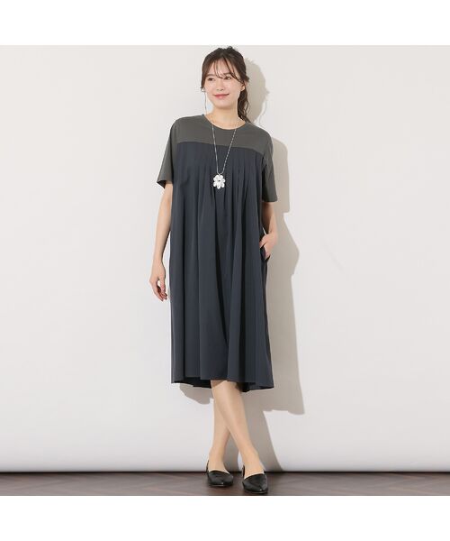 PISANO/ピサーノ 【手洗いOK】天竺/スパンローンドッキングタックワンピース チャコール L PISANO/ピサーノ 【手洗いOK】天竺/スパンローンドッキングタックワンピース チャコール L