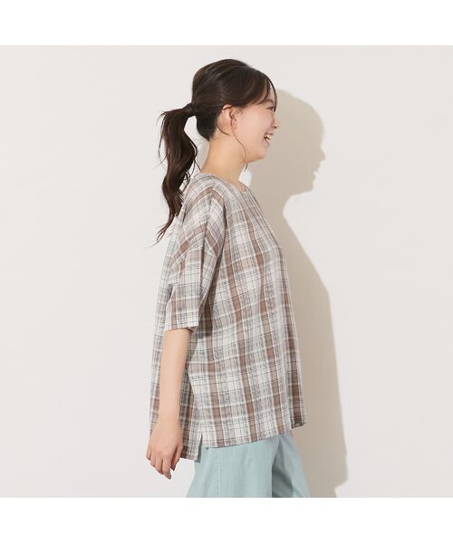 PISANO / ピサーノ シャツ・ブラウス | 【手洗いOK】キュプラチェック・ノーカラーブラウス | 詳細1