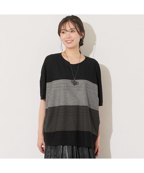 PISANO / ピサーノ カットソー | 【手洗いOK・綿100%】ピンタックボーダー・コクーンカットソー(ブラック)