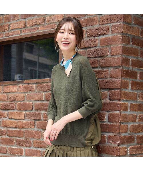 PISANO / ピサーノ ニット・セーター | 【セットアップ対応・手洗いOK】ニット×布帛ドッキングドルマンスリーブトップ(カーキ)