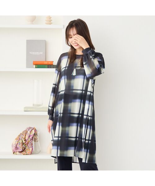 PISANO/ピサーノ 【手洗いOK】トーンオン・トーンチェックプリント・チュールチュニック ダークブルー LL PISANO/ピサーノ 【手洗いOK】トーンオン・トーンチェックプリント・チュールチュニック ダークブルー LL