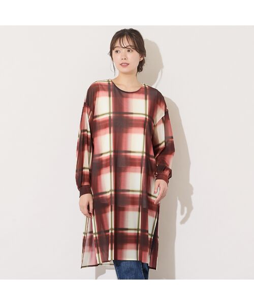 PISANO / ピサーノ チュニック | 【手洗いOK】トーンオン・トーンチェックプリント・チュールチュニック（レッド）