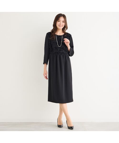 PISANO / ピサーノ ミニ丈・ひざ丈ワンピース | 【接触冷感・紫外線防止・防シワ】ラウンドネック・ジャカード配色ドレス(ブラック)