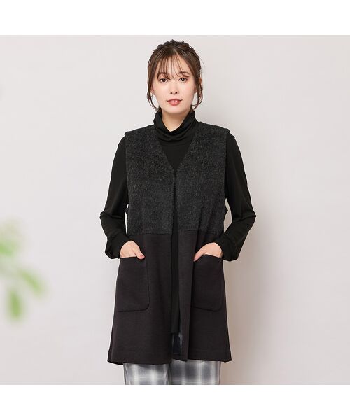 PISANO/ピサーノ Vネック・シャギー切り替えニットソージレ ブラック LL