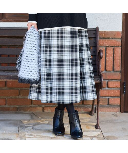 PISANO / ピサーノ ミニ・ひざ丈スカート | 【セットアップ対応】Aラインチェック柄スカート(ブラック)