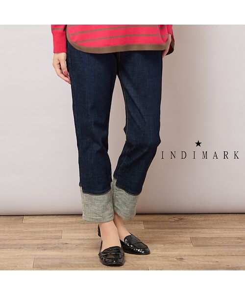 PISANO/ピサーノ 【手洗いOK・INDIMARKコラボ】デニムストレート・裾切り替えパンツ ダークブルー LL PISANO/ピサーノ 【手洗いOK・INDIMARKコラボ】デニムストレート・裾切り替えパンツ ダークブルー LL