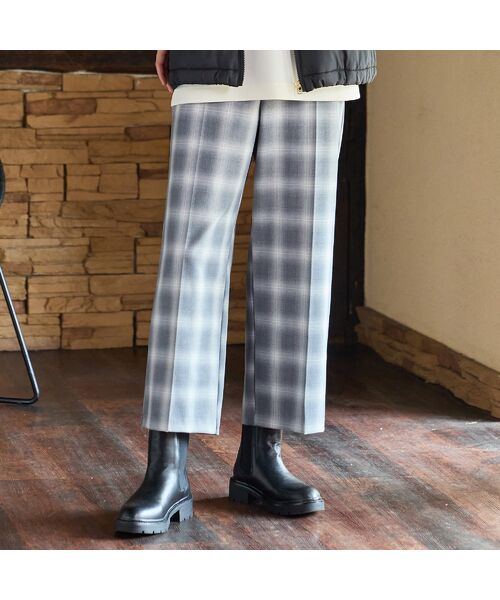 PISANO / ピサーノ ショート・ハーフ・半端丈パンツ | 【手洗いOK】真空プリーツ・ワイドストレートパンツ(チェック)(グレー)