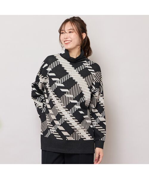 PISANO/ピサーノ 【手洗いOK】パネルプリントWジャカードハイネック ブラック LL PISANO/ピサーノ 【手洗いOK】パネルプリントWジャカードハイネック ブラック LL