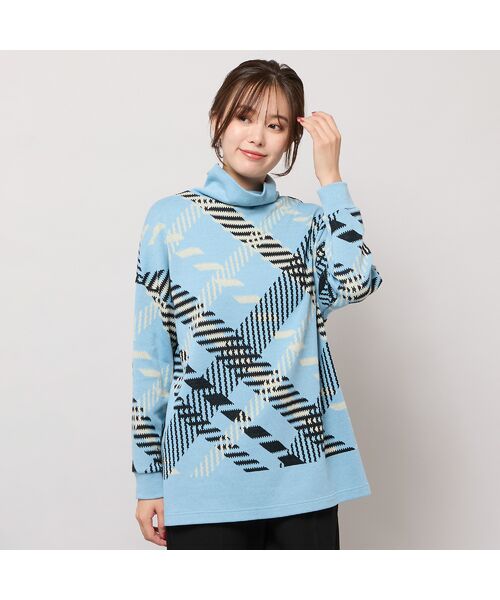 PISANO / ピサーノ カットソー | 【手洗いOK】パネルプリントWジャカードハイネック(ブルー)