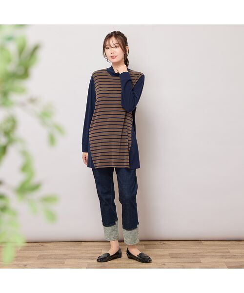 PISANO / ピサーノ カットソー | 【手洗いOK・保温・吸湿発熱】ボーダー×無地ハイネックカットソー | 詳細4